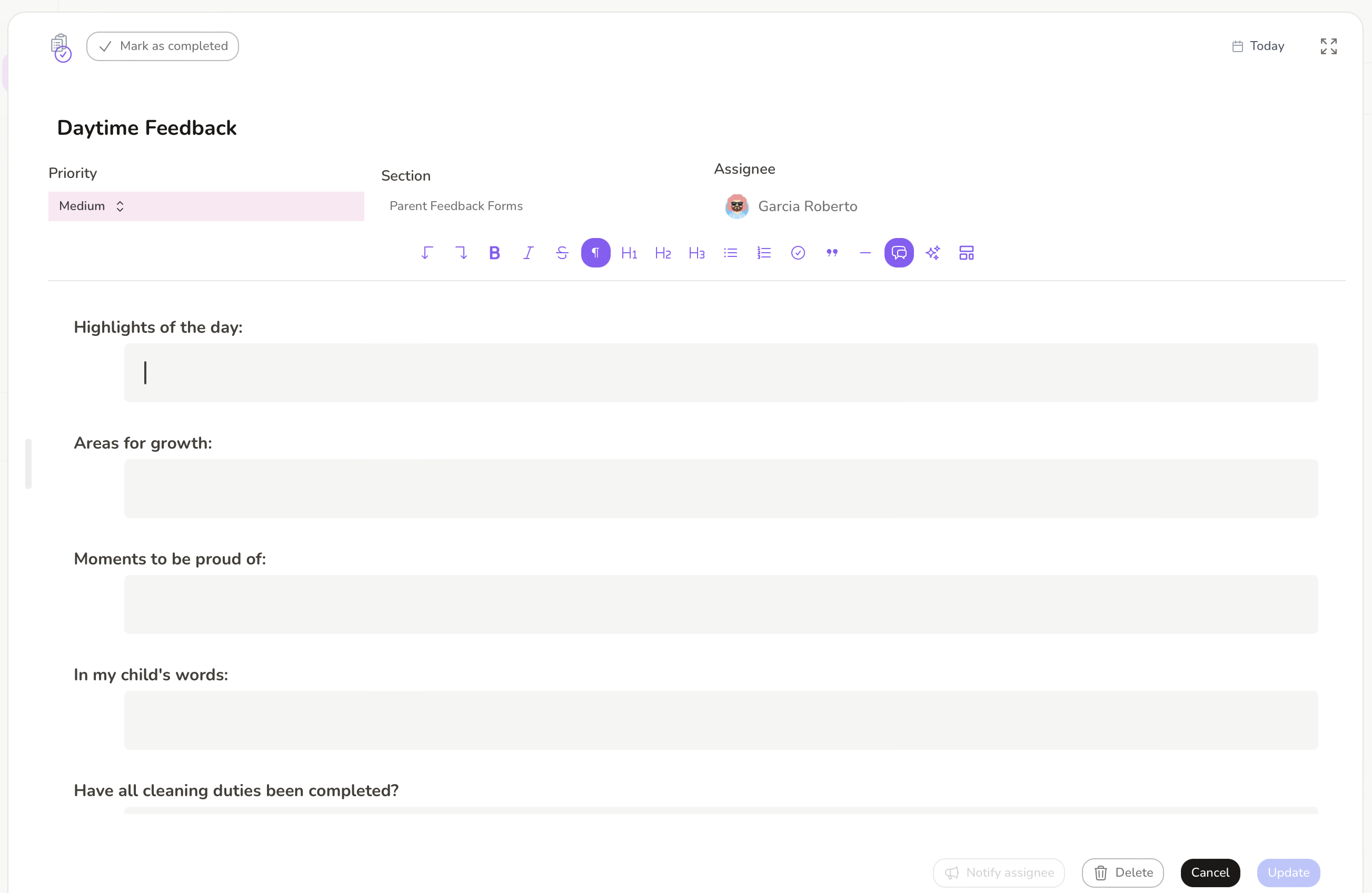 Parent Feedback Form Interface