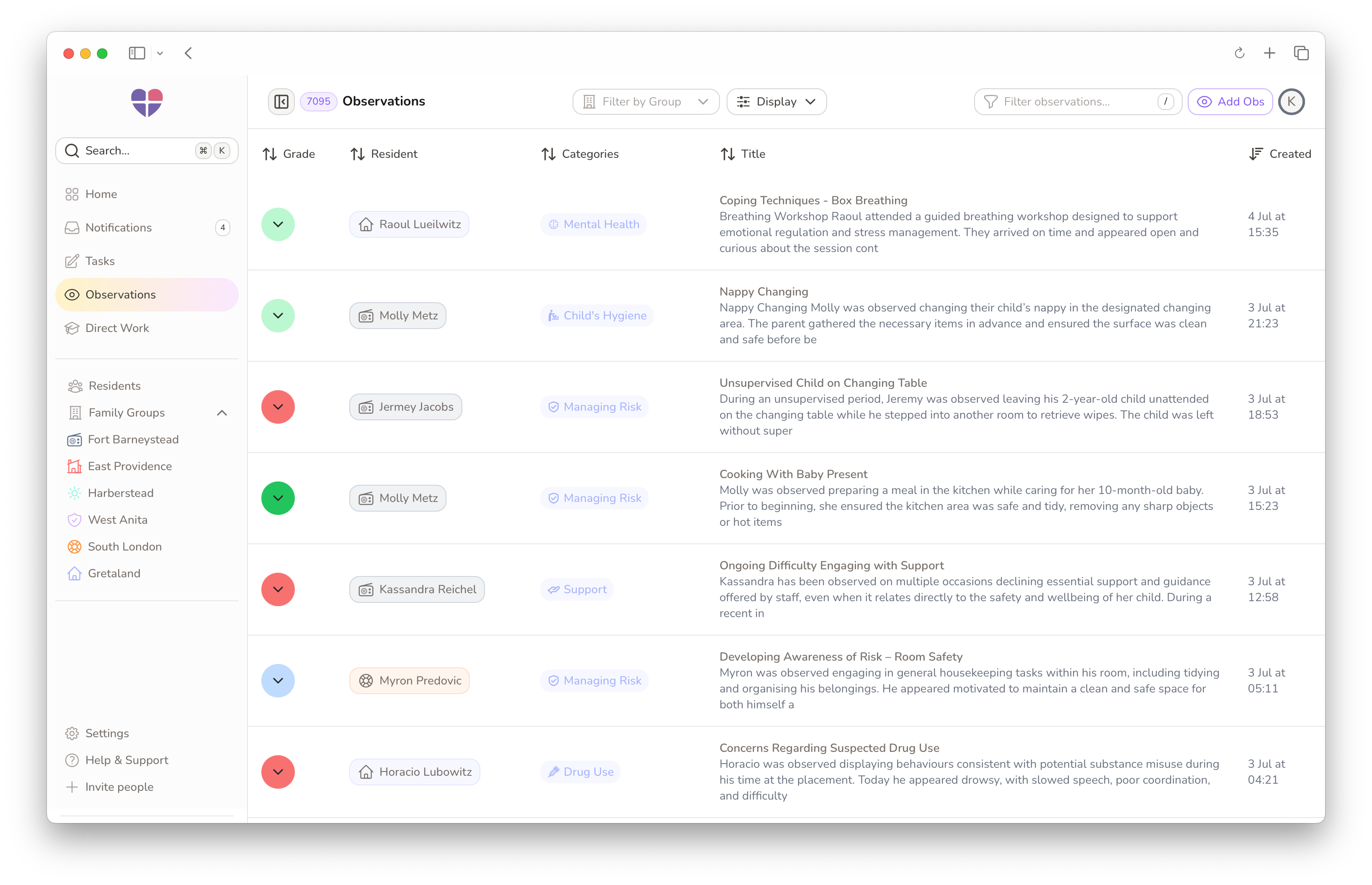 Main Observations Page Interface